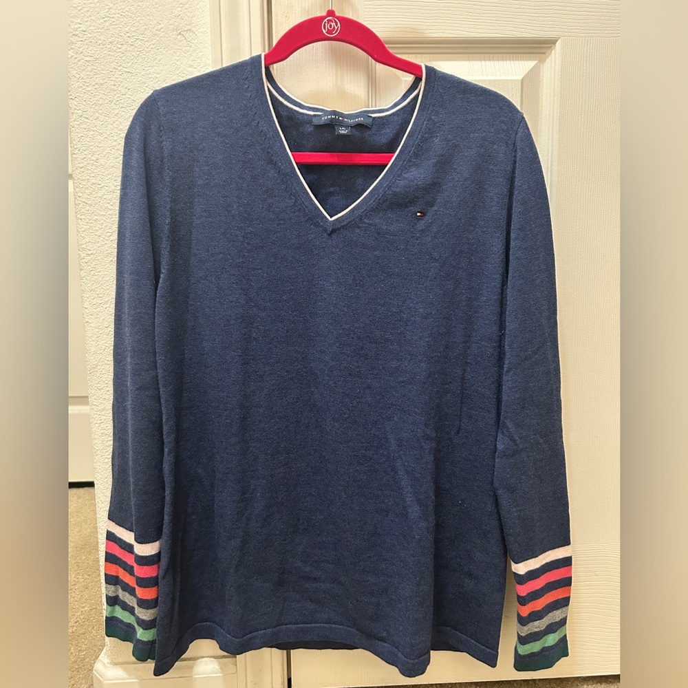Tommy Hilfiger New Without Tags Navy V-Neck Sweater with Striped Sleeves